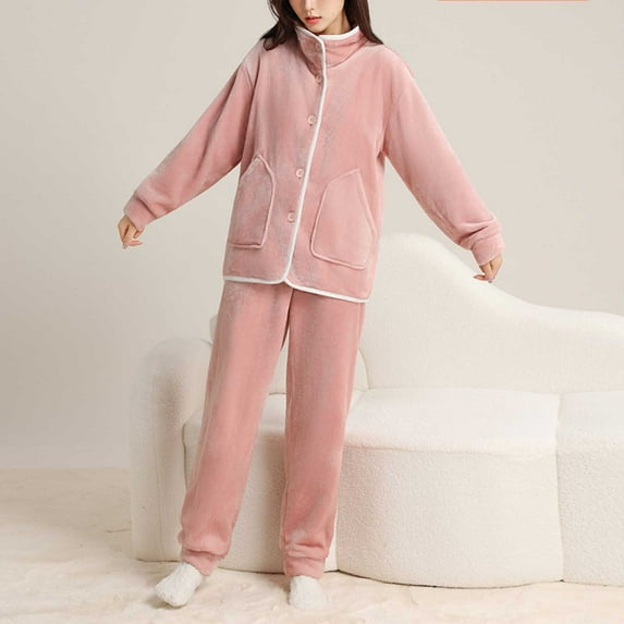 dazeni Flannel Button Down Pajamas for Women Set Soft Warm Fleece Pjs Outfits Fall Winter Long Sleeve Tops Trousers Sleepwear Sets with Pockets Pink Medium