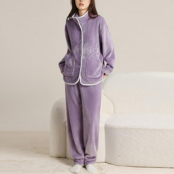 dazeni Flannel Button Down Pajamas for Women Set Soft Warm Fleece Pjs Outfits Fall Winter Long Sleeve Tops Trousers Sleepwear Sets with Pockets Purple Large