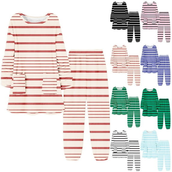 WMTBSRSW Flannel Pajamas for Women Set Casual Striped Fuzzy Fleece Pajama Winter 2 Piece Outfits Oversized Crewneck Sweatshirts and Pants with Pockets Black L