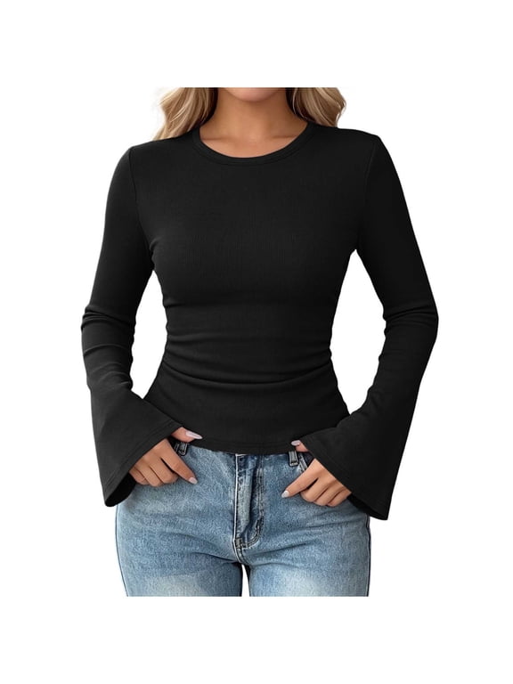 Flare Long Sleeve Tops for Women Fitted Dressy Casual Blouse Stretchy Ribbed Knit Slim Fit Crewneck Shirt Solid Basic Layer Tee for Work Business Daily Wear Black Small