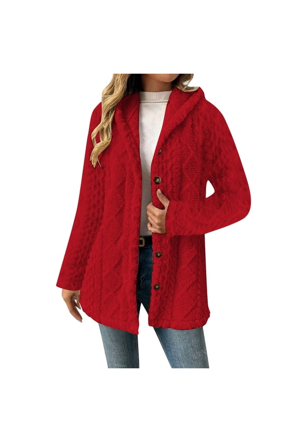 Fleece Jacket for Women Button Up Fuzzy Hood Jackets Casual Long Sleeve Cardigan Sweaters Lightweight Fall Outerwear Red XX-Large