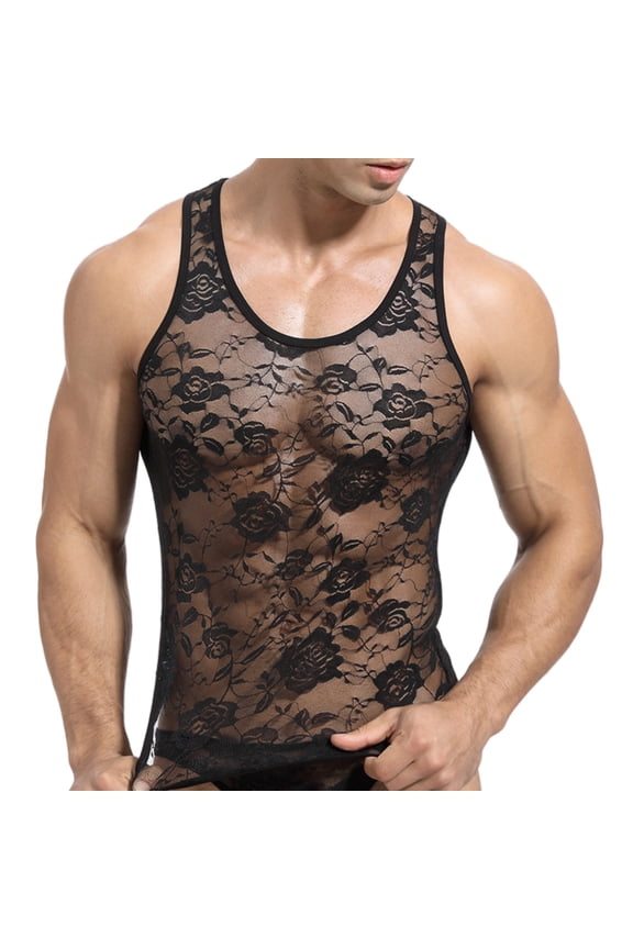 Floral Lace Undershirts for Men Y2k Muscle Shirt See Through Sleeveless Shirts Sheer Transparent Club Party Casual Tank Top Undershirts