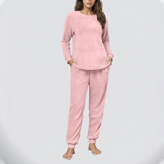 dazeni Fluffy Pajamas for Women Soft Fleece Warm Pajama Set Fuzzy Pjs Winter 2 Piece Flannel Lounge Sets with Pockets Pink Medium