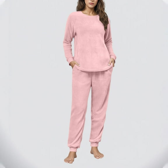 dazeni Fluffy Pajamas for Women Soft Fleece Warm Pajama Set Fuzzy Pjs Winter 2 Piece Flannel Lounge Sets with Pockets Pink Medium