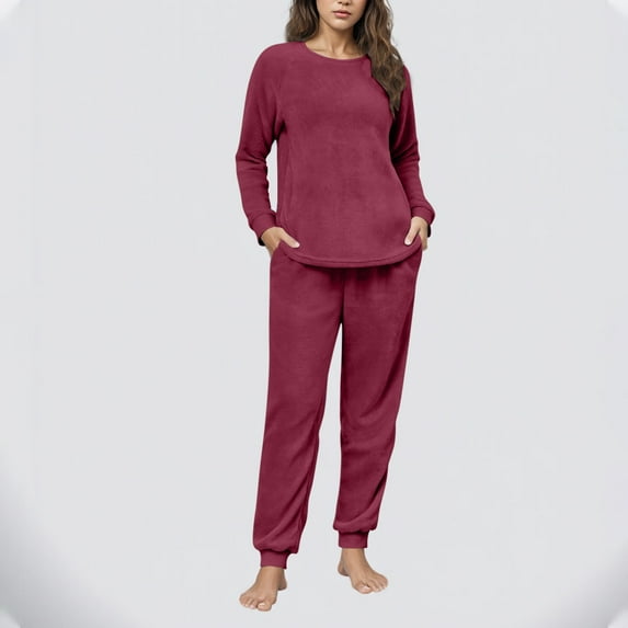 dazeni Fluffy Pajamas for Women Soft Fleece Warm Pajama Set Fuzzy Pjs Winter 2 Piece Flannel Lounge Sets with Pockets Watermelon Red Small