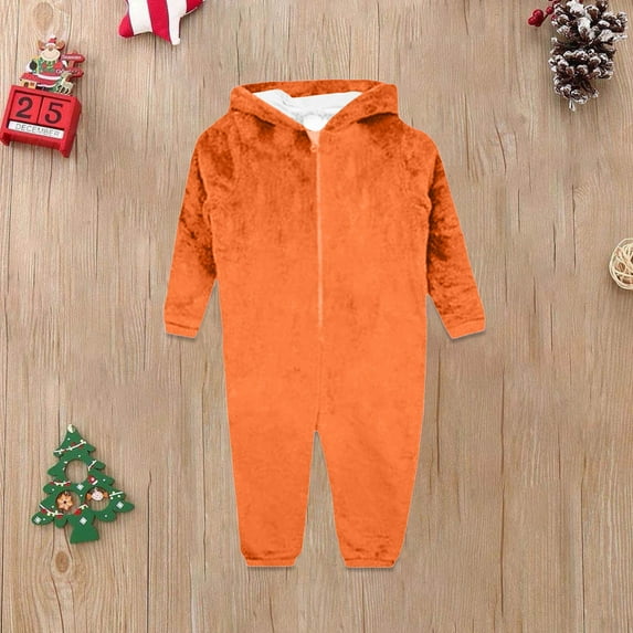 WMTBSRSW Fuzzy Fleece Onesie Family Pajamas Solid Hood Jumpsuit Flannel Comfy Matching Sleepwear Hooded One Piece Warm Loungewear Orange Baby