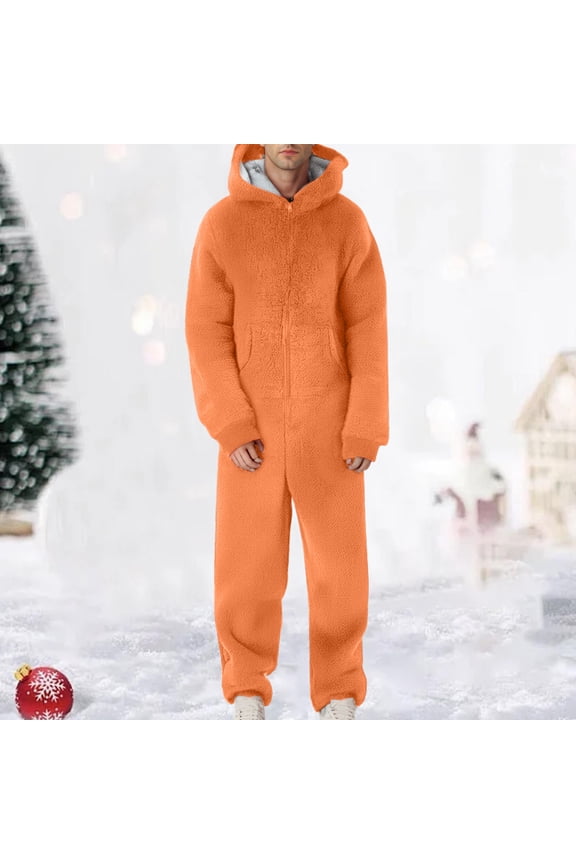 Fuzzy Fleece Onesie Family Pajamas Solid Hood Jumpsuit Flannel Comfy Matching Sleepwear Hooded One Piece Warm Loungewear Orange Dad