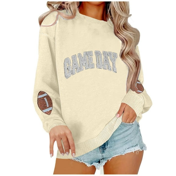WMTBSRSW Game Day Sweatshirt for Women Football Sweatshirts Oversized Crewneck Long Sleeve Pullover Tops Cute Graphic Sweatshirt Beige XXL