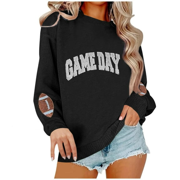 WMTBSRSW Game Day Sweatshirt for Women Football Sweatshirts Oversized Crewneck Long Sleeve Pullover Tops Cute Graphic Sweatshirt Black M