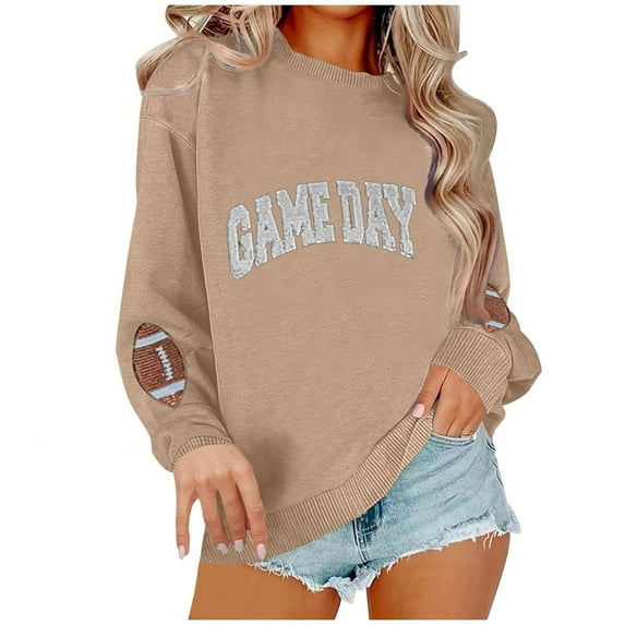 WMTBSRSW Game Day Sweatshirt for Women Football Sweatshirts Oversized Crewneck Long Sleeve Pullover Tops Cute Graphic Sweatshirt Khaki XXL