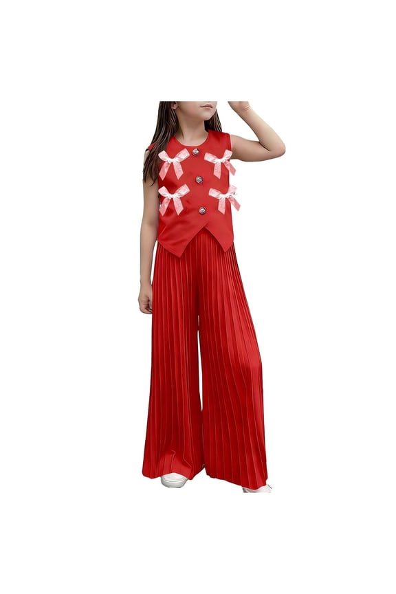 Girl's Cute Bow Double Breasted Blazer Vest Suits 2 Piece Sleeveless V Neck Tops Flowy Wide Leg Palazzo Trousers Sets Summer Clothing Outfits Red 2-3Years