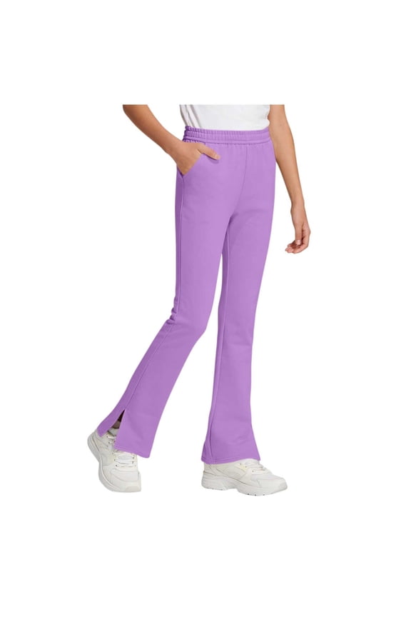 Girl's Elastic Waisted Leggings Cross Waist Flare Pants Yoga Bootcut Pants Solid Color Full Length Bell Bottoms with Pockets Purple 11-12 Years