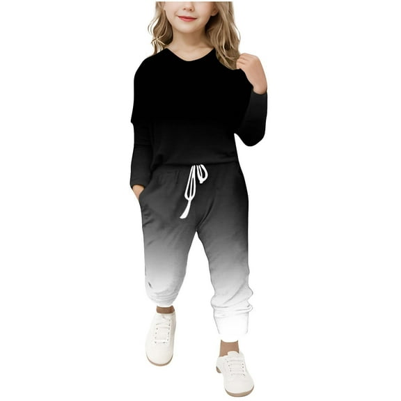 WMTBSRSW Girls 2025 Fashion 2 Piece Outfit Sweatsuit Gradient Printed V Neck Pullover Tops Drawstring Sweatpants Two Piece Set 5-12 Years