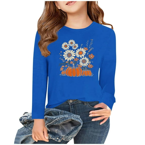 WMTBSRSW Girls 3-15 Years Casual Long Sleeve Tops Thanksgiving Graphic Tee Fall Round Neck Blouse Shirts