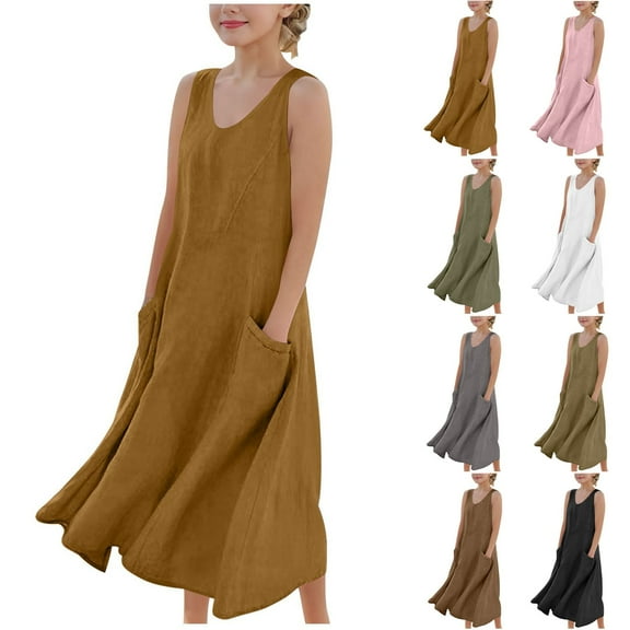 WMTBSRSW Girls 5-16Y Sleeveless Dress Loose Casual Shift Dress with Pockets Solid Color V Neck Flowy Swing Mid Dress