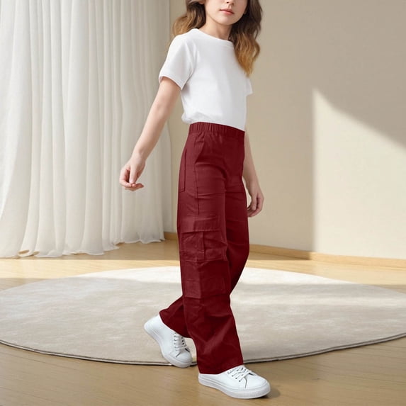WMTBSRSW Girls Cargo Pants High Waisted Straight Leg Hiking Pants Solid Workout Full Length Trousers with Pockets 170