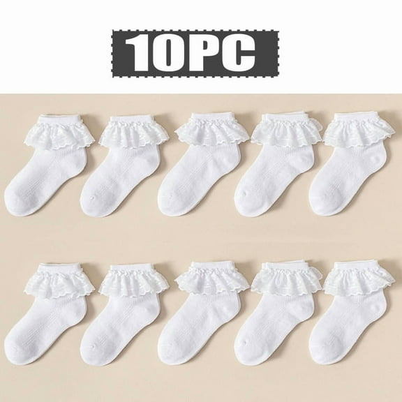 WMTBSRSW Girls Comfortable Cotton Socks (3-16 Years) 10 Pairs Cute Mid Crew Breathable Socks Soft Ruffle Edges Seamless Solid Color Casual Socks
