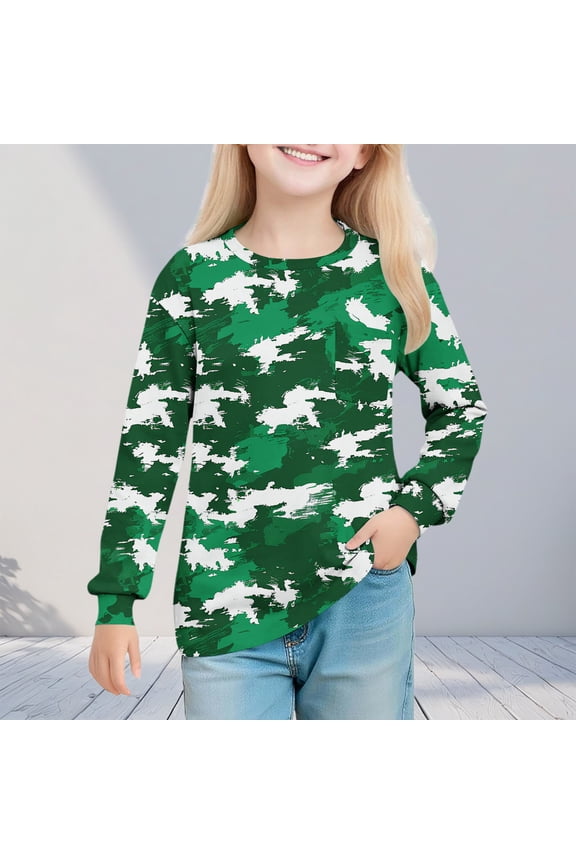 Girls Fall Long Sleeve Shirts Fashion Camo Print Crew Neck Tunic Tops Casual Basic Pullover Soft Comfy Tie Dye Blouses 7 Years