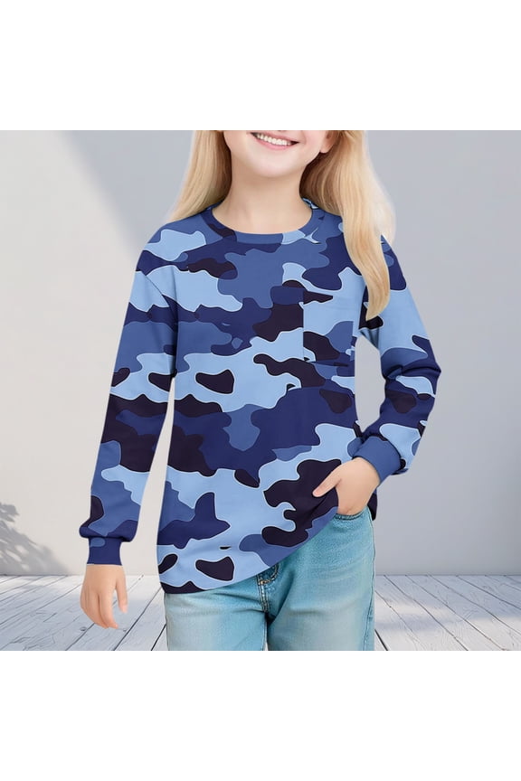 Girls Fall Long Sleeve Shirts Fashion Camo Print Crew Neck Tunic Tops Casual Basic Pullover Soft Comfy Tie Dye Blouses 9 Years