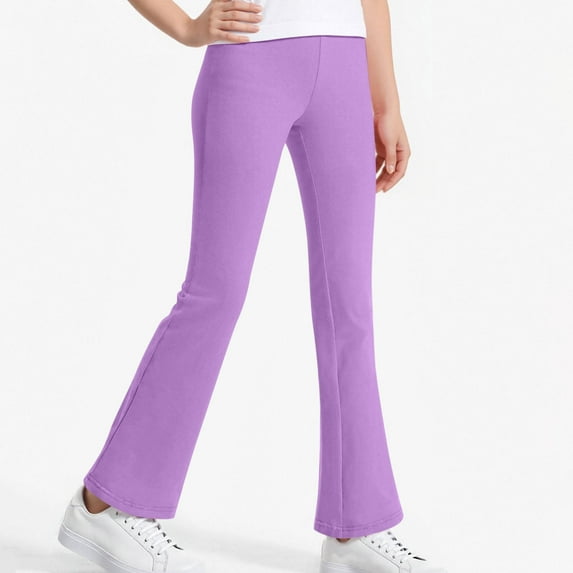 WMTBSRSW Girls Flare Pants Stretchy Soft Workout Yoga Long Trousers Kids Bell Bottom Elastic High Waist Straight Trousers Solid Color Purple 150