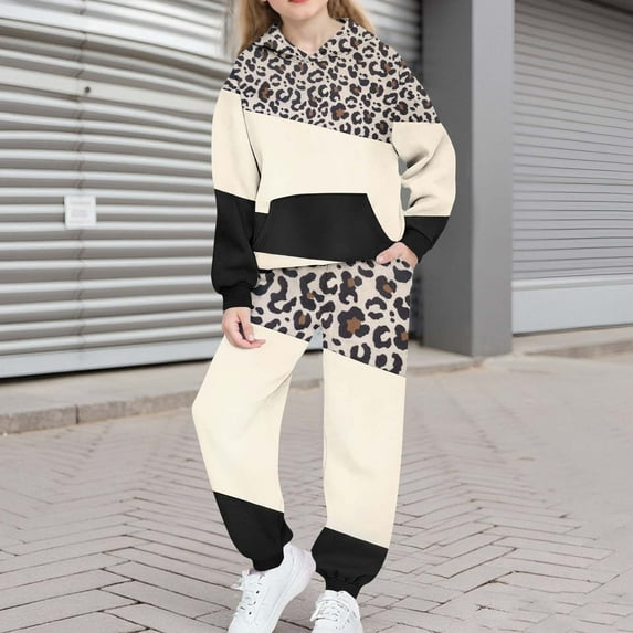 WMTBSRSW Girls Fleece Sweatsuit Color Block 2 Piece Sweatsuits for Teens Thermal Hoodies Sweatshirts and Jogger Sweatpants Sweat Set 14-15 Years