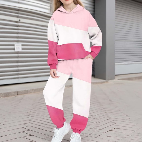 WMTBSRSW Girls Fleece Sweatsuit Color Block 2 Piece Sweatsuits for Teens Thermal Hoodies Sweatshirts and Jogger Sweatpants Sweat Set 4-5Years