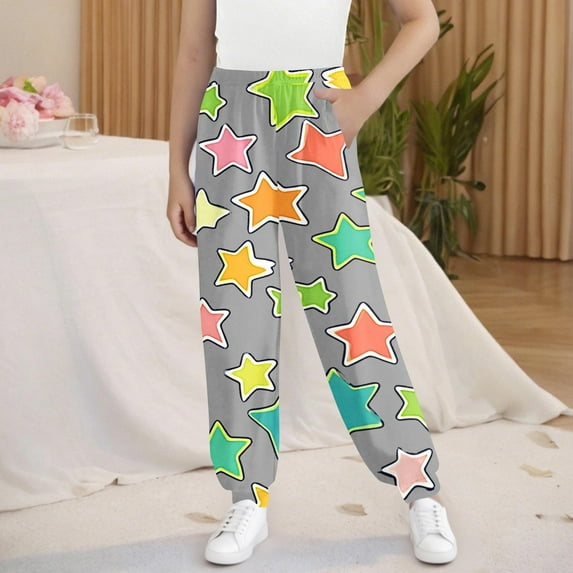WMTBSRSW Girls Floral Boho Sweatpants Cute Graphic High Waisted Jogger Pants Kids Trendy Loose Casual Full Length Trousers with Pockets Gray 140