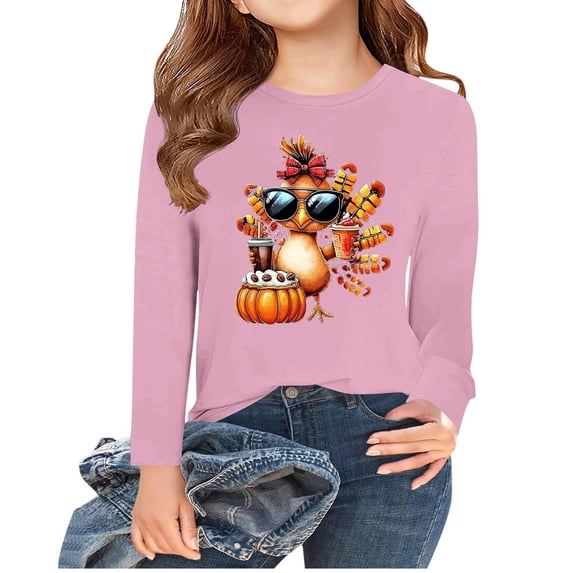 WMTBSRSW Girls Funny Thanksgiving Shirts Loose Casual Long Sleeve Pullover Tops Boasic Round Neck Graphic T Shirts