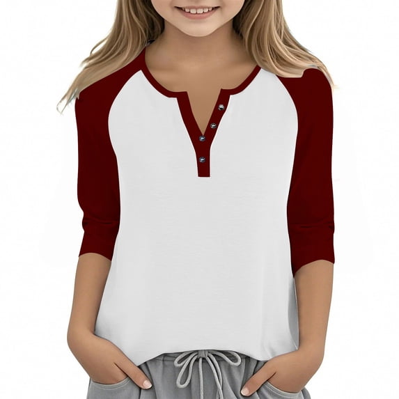 WMTBSRSW Girls Henley Shirts Raglan 3/4 Sleeve Tops Casual Basic Tees Fall Winter Color Block V Neck Blouse 9 Years