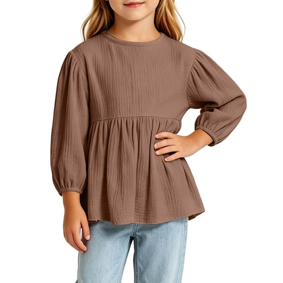 WMTBSRSW Girls Puff Long Sleeve Peplum Blouse Round Neck Ruffle Hem Casual Textured Shirt for Toddlers Kids 0-6 Years