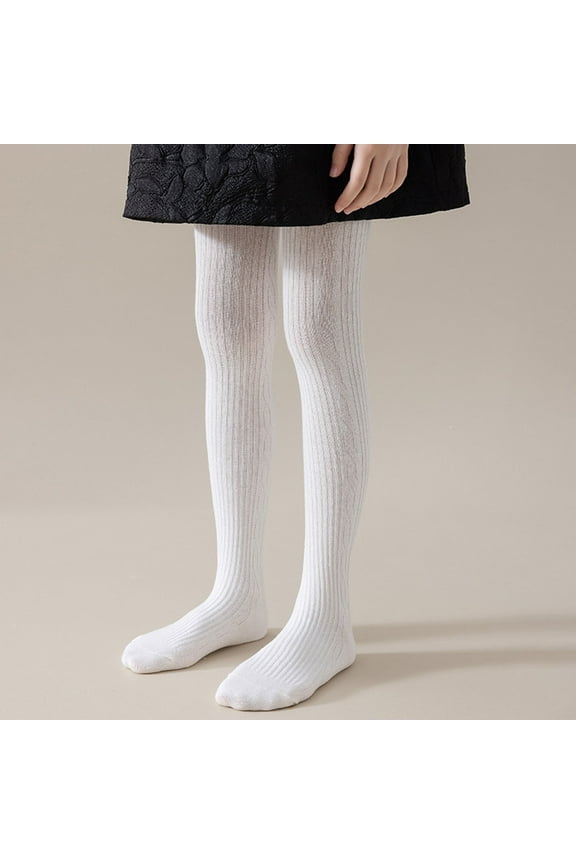 Girls School Dress Tights Solid Stretchy Ribbed Knit Tight Seamless Footed Stockings Comfortable Cotton Thights for Dance 9-12Years