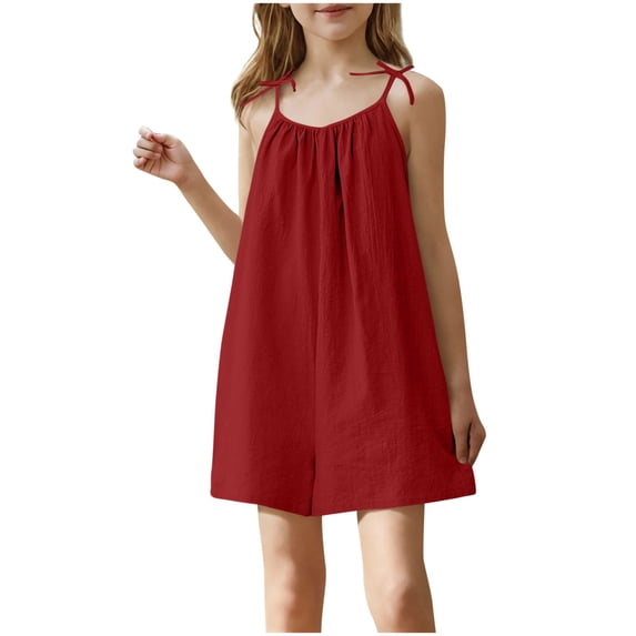 WMTBSRSW Girls Sleeveless Casual Romper Adjustable Tie-Up Strap Short Jumpsuits Summer Clothes with with Pockets 4-16 Years