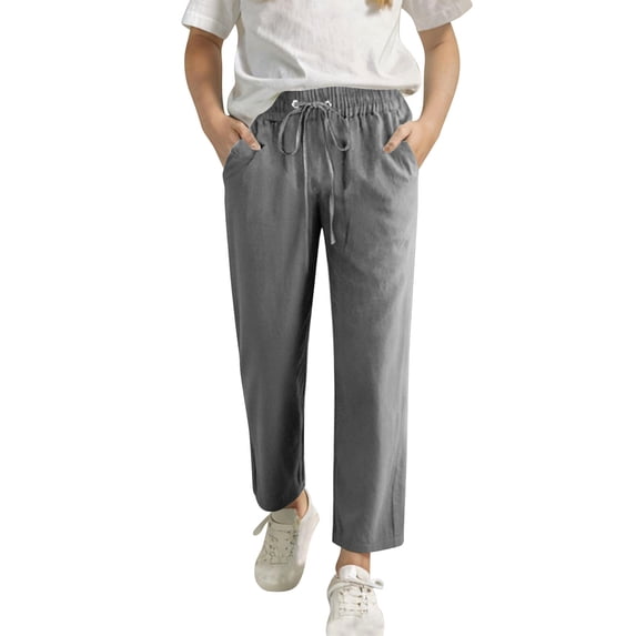 WMTBSRSW Girls Straight Leg Linen Pants Solid High Waisted Drawstring Pants with Pockets Lightweight Summer Beach Ankle Trousers Gray 10 Years