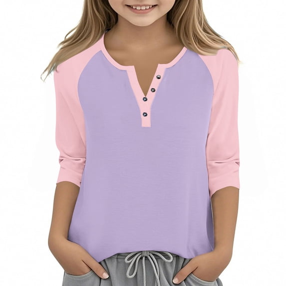 WMTBSRSW Girls T Shirts Casual Raglan 3/4 Sleeve Tee Crewneck Color Block Cute Fall Blouses Henley Tops 3-14 Years3 Years