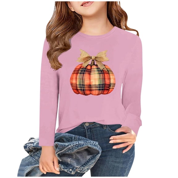 WMTBSRSW Girls Thanksgiving Shirt Cute Pumpkin and Bow Graphic Tee Casual Long Sleeve Crewneck Tops Holiday Blouse