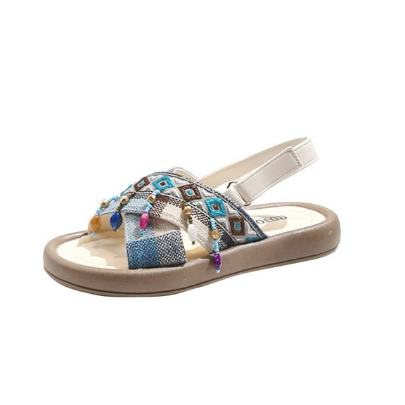 WMTBSRSW Girls Toddler Flat Sandals Vintage Knit Open Toe Sandals with Adjustable Straps Summer Beach Shoes for Kids 2-14 Years