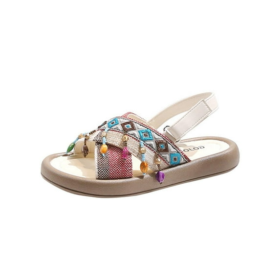 WMTBSRSW Girls Toddler Flat Sandals Vintage Knit Open Toe Sandals with Adjustable Straps Summer Beach Shoes for Kids 2-14 Years