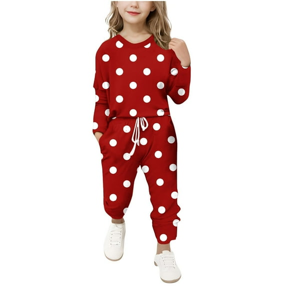 WMTBSRSW Girls Two Piece Set with Pockets Polka Dot Printed 2 Piece Outfit Sweatsuit Casual Round Neck Pullover Tops Drawstring Sweatpants 5-12 Years