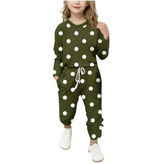 WMTBSRSW Girls Two Piece Set with Pockets Polka Dot Printed 2 Piece Outfit Sweatsuit Casual Round Neck Pullover Tops Drawstring Sweatpants 5-12 Years
