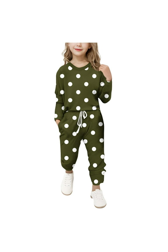 Girls Two Piece Set with Pockets Polka Dot Printed 2 Piece Outfit Sweatsuit Casual Round Neck Pullover Tops Drawstring Sweatpants 5-12 Years