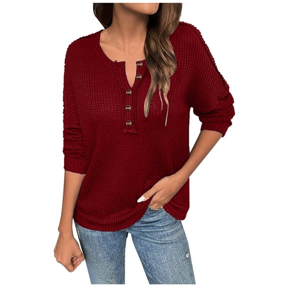 WMTBSRSW Going out Tops for Women Casual Dressy Waffle Long Sleeve Blouse Solid Half Button Henley Shirts S-3XL Wine
