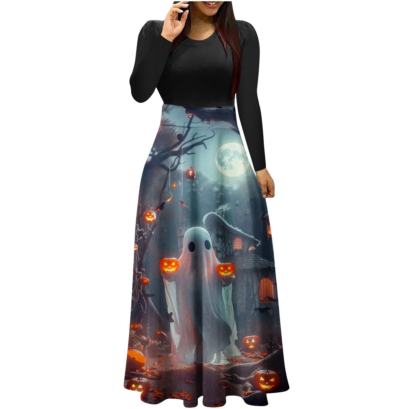 WMTBSRSW Halloween Cocktail Dresses Women Long Sleeve Crewneck High