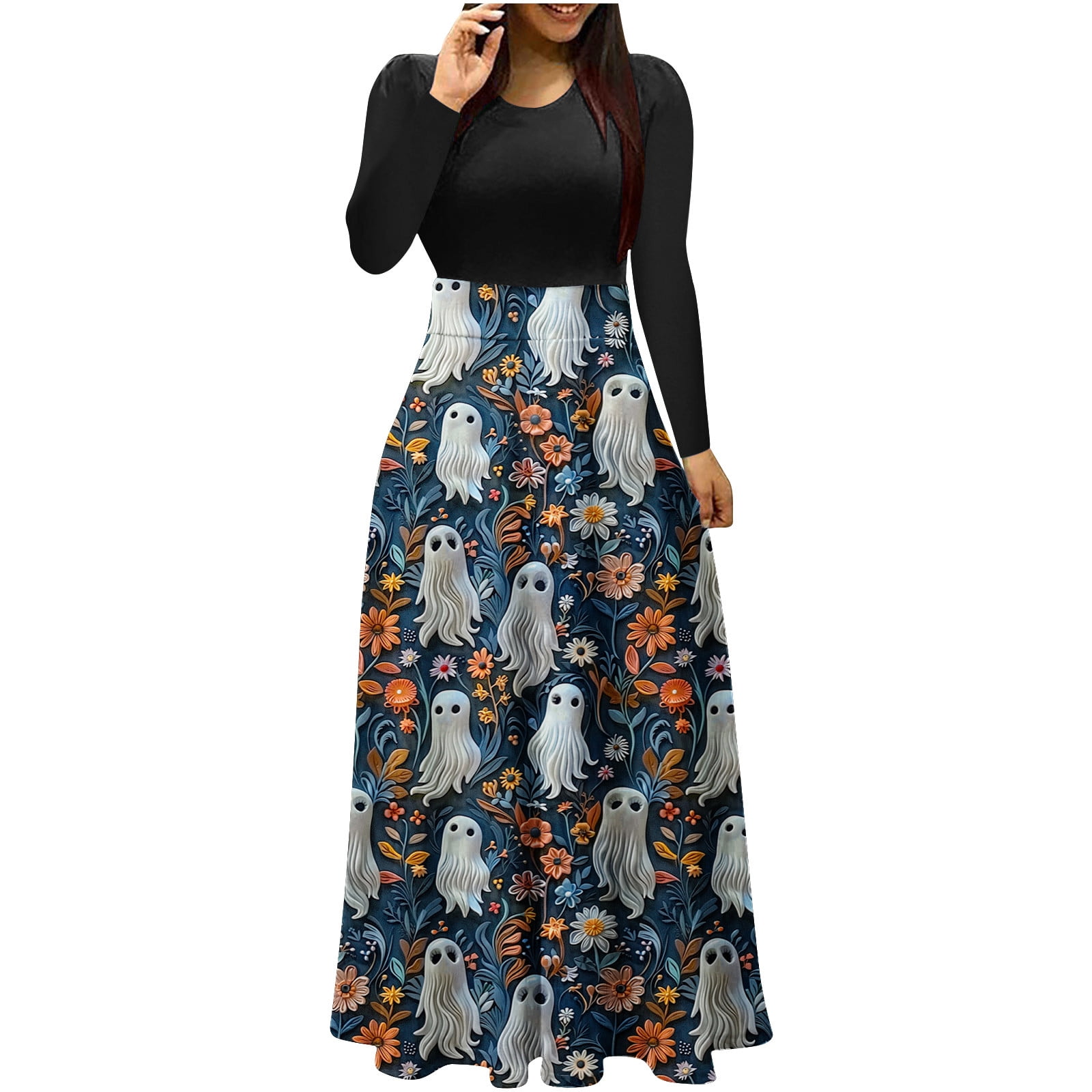 WMTBSRSW Halloween Cocktail Dresses Women Long Sleeve Crewneck High