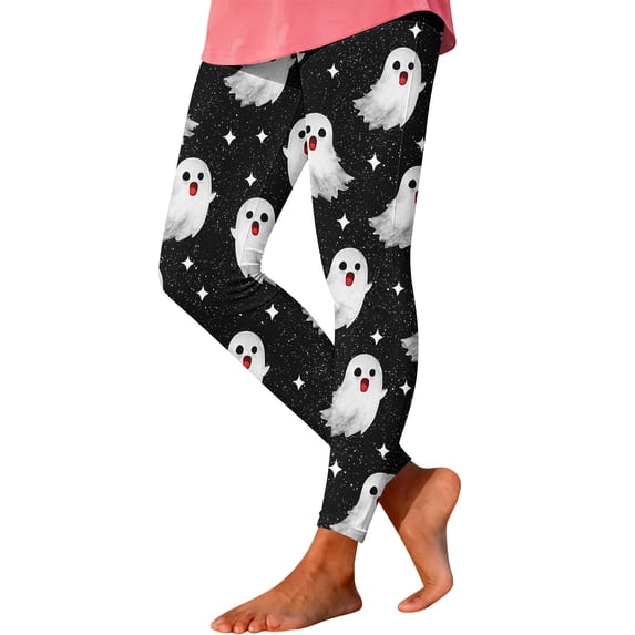 WMTBSRSW Halloween Leggings for Women Cute Ghost Print High Waisted Yoga Legging Stretchy Slim Fit Brushed Lined Workout Athletic Pants Black X-Large
