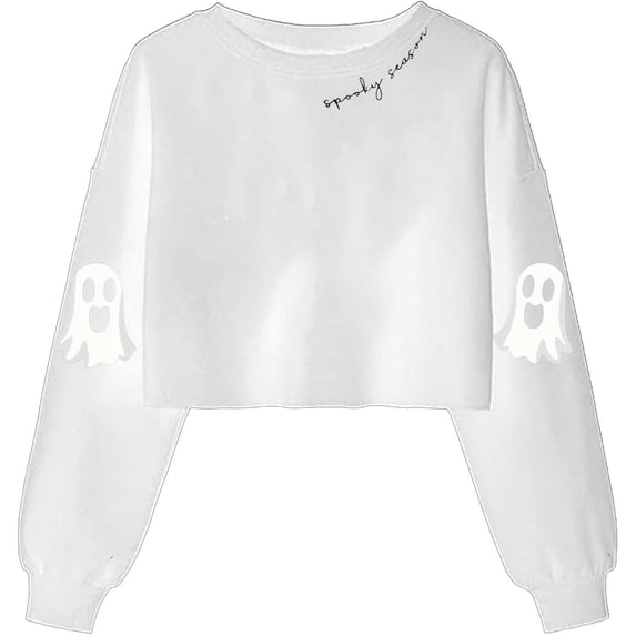WMTBSRSW Halloween Sweatshirt for Women Cute Ghost Graphic Cropped Pullover Sweatshirt Lightweight Fleece Sweatshirt Fall Winter Outfits