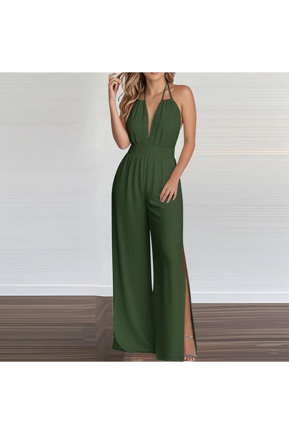 Halter Jumpsuits for Women 2025 Elegant Sleeveless Deep V Neck Rompers with Side Split Elastic Waisted Wide Leg Maxi Pants Jumpsuit Y2k Clothes for Ladies