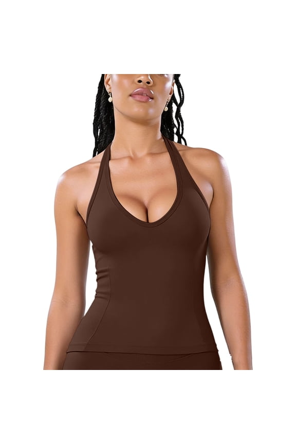Halter Tank Tops for Womens Stretchy Sleeveless Backless Shirts Slim Fit Backless Workout Yoga Tops Fitness Coffee Large