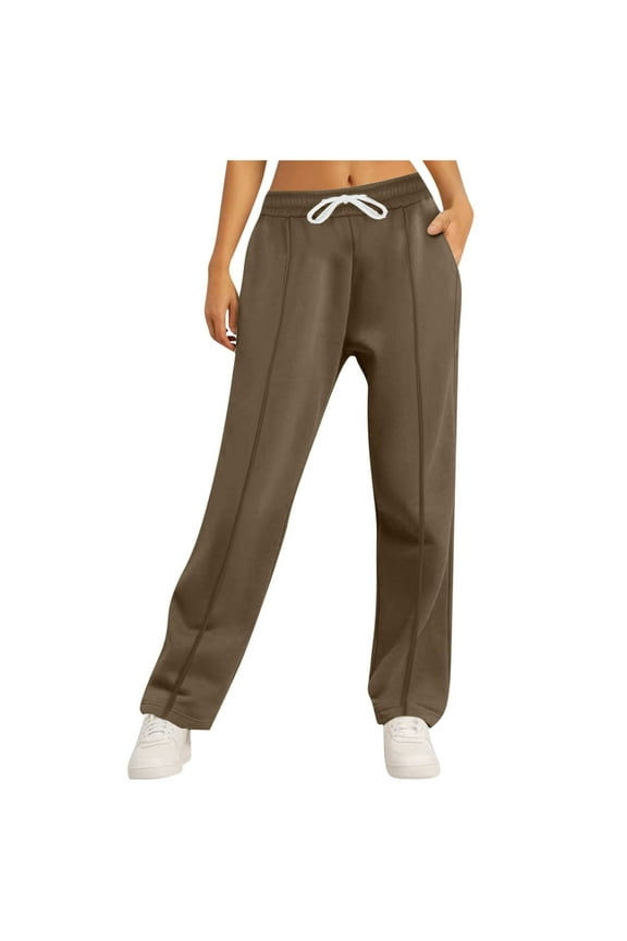 High Waisted Sweatpants Women Wide Leg Solid Color Drawstring Sweat Pants 4-Way Stretch Travel Pocketed Pants Anti-Pilling Brown L