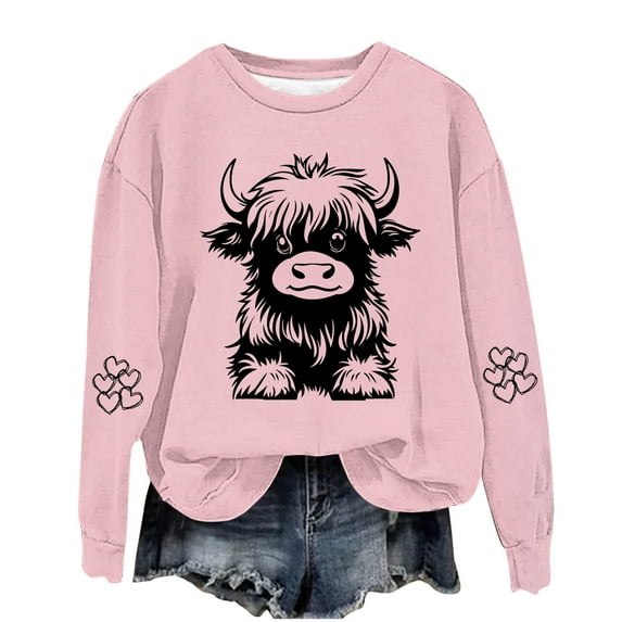 WMTBSRSW Highland Cow Sweatshirts for Girls Cute Funny Graphic Crewneck Sweatshirt Cowgirl Long Sleeve Plus Size Kids Boys (1-14 Years ) Oversized Pullover Tops