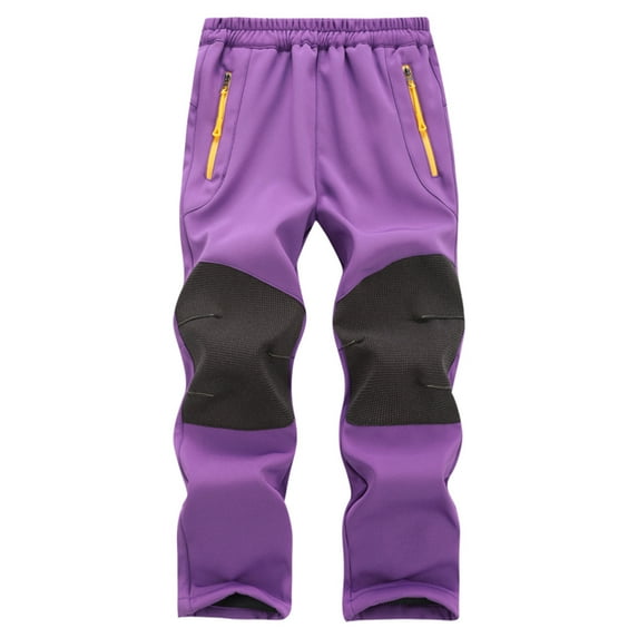 WMTBSRSW Kids Boys Girls Patchwork Hiking Pants Waterproof Winter Warm Elastic Waist Pants Fleece Lined Thermal Trousers with Zipper Pockets Purple S